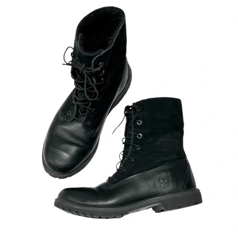 Timberland Black Leather Teddy Fleece Waterproof Fold Down Boots Lace Up Sz 9 - Picture 12 of 16